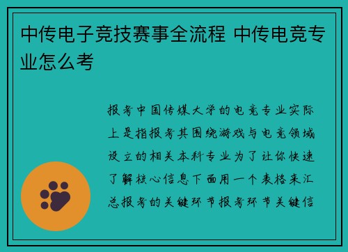 中传电子竞技赛事全流程 中传电竞专业怎么考
